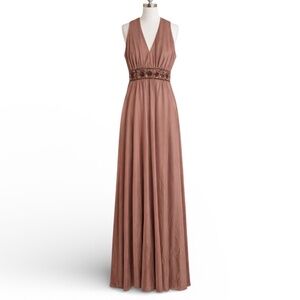 VINTAGE 1960s Disco Plunging Beaded AB Crystal Empire Waist Maxi Dress SIZE M/L